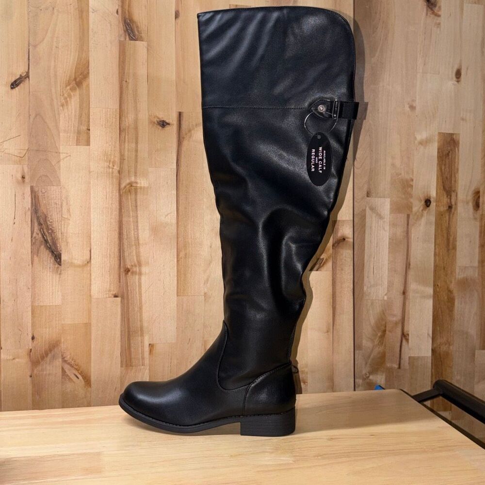 SUN STONE Womens Black Gore Allicce Round Toe Block Heel Boots 6.5M Wide Calf